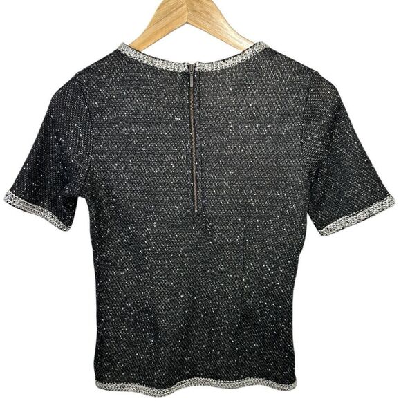 Cabi Sweater Top Short Sleeve Women Size XS Dark Gray Black Zipper Back Tweed - Picture 6 of 11